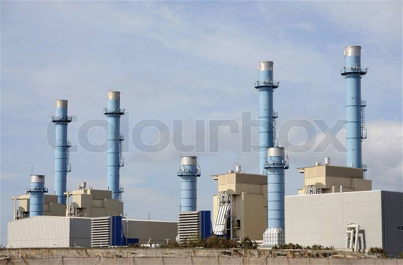 Chimneys of a modern gas power station, stock photo