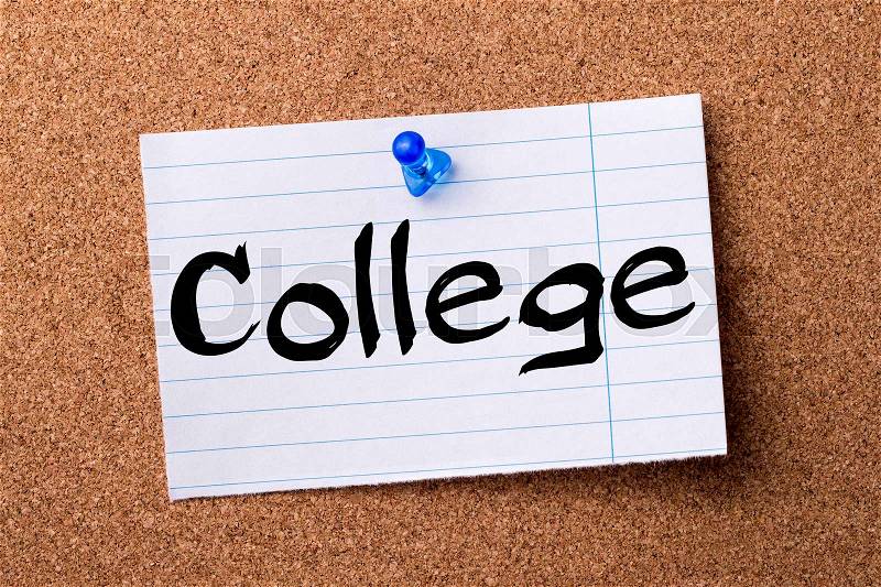 College - teared note paper pinned on bulletin board - horizontal image, stock photo