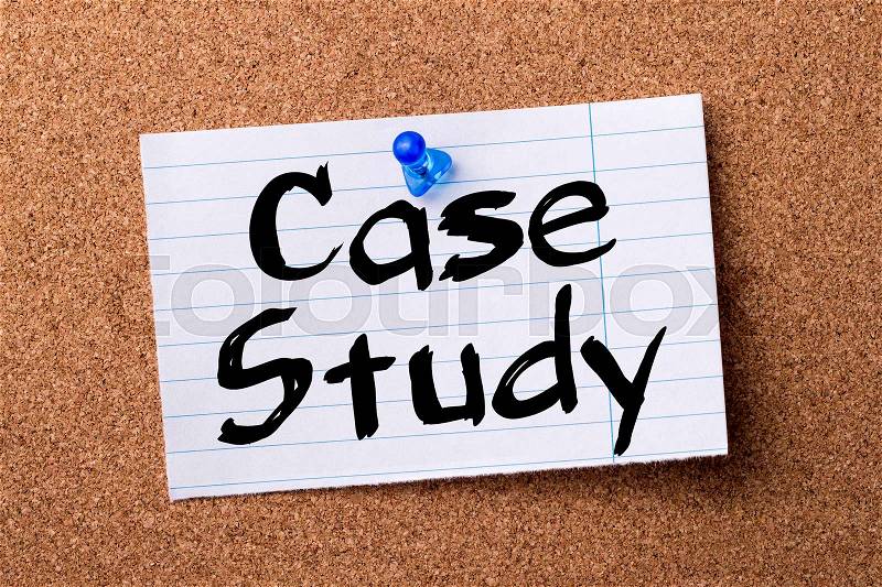 Case Study - teared note paper pinned on bulletin board - horizontal image, stock photo