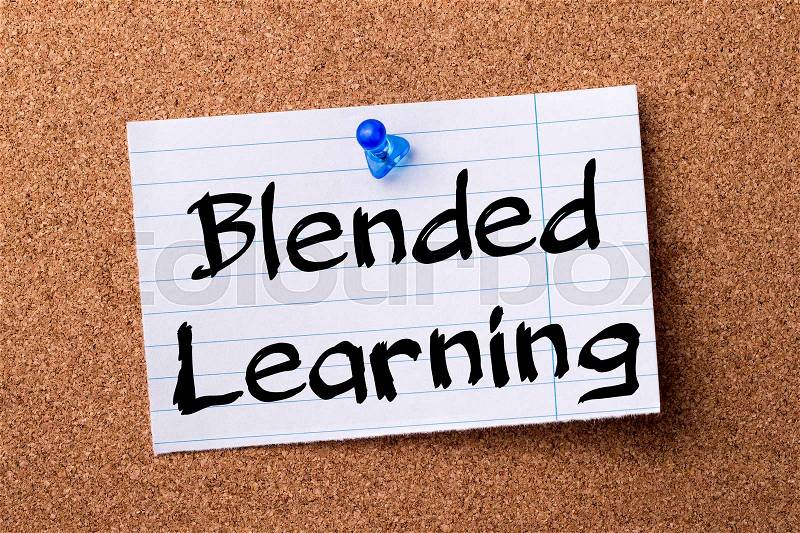 Blended Learning - teared note paper pinned on bulletin board - horizontal image, stock photo