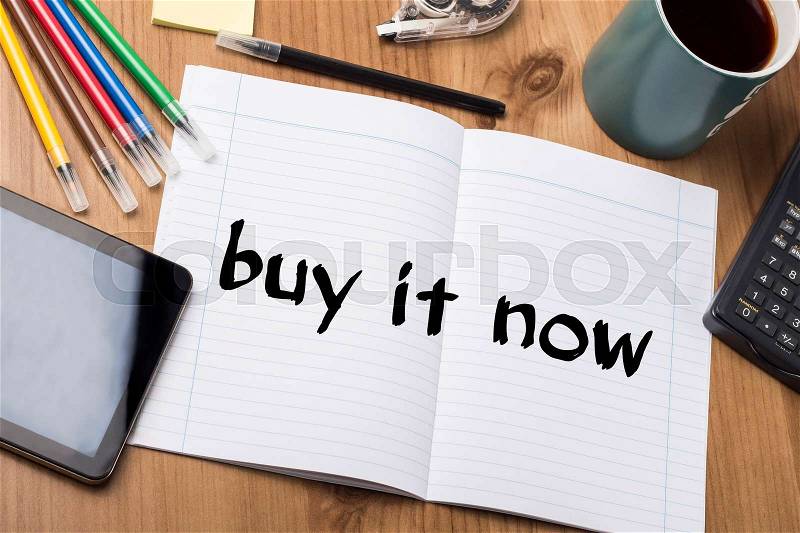 Buy it now - Note Pad With Text On Wooden Table - with office tools, stock photo