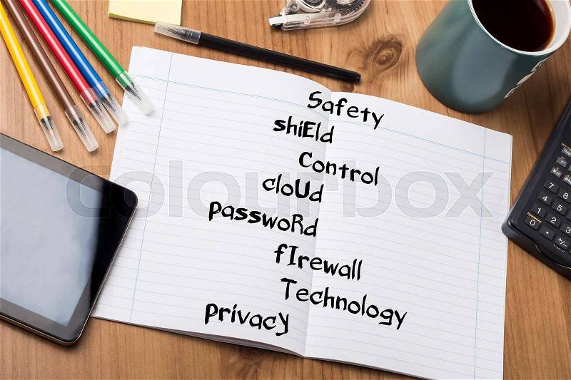 Safety shiEld Control cloUd passwoRd fIrewall Technology prIvacy SECURITY - Note Pad With Text On Wooden Table - with office tools, stock photo