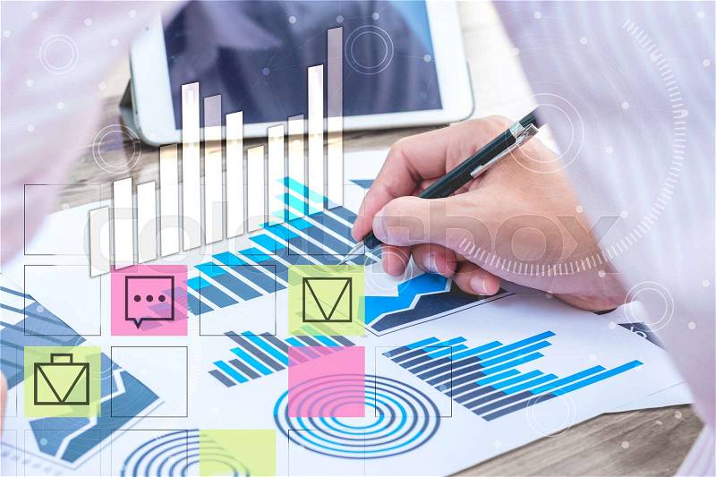Business statistics success concept : businessman analytics financial accounting market chart and graph line with business icon symbol ,selective focus. , stock photo
