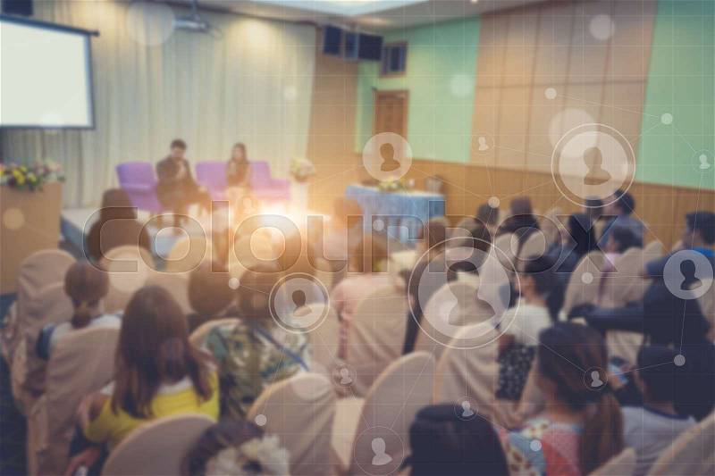 Business concept : asia people listen in business seminar presentation hall of hotel room with social network connection icon symbol and blur filter,selective focus. , stock photo