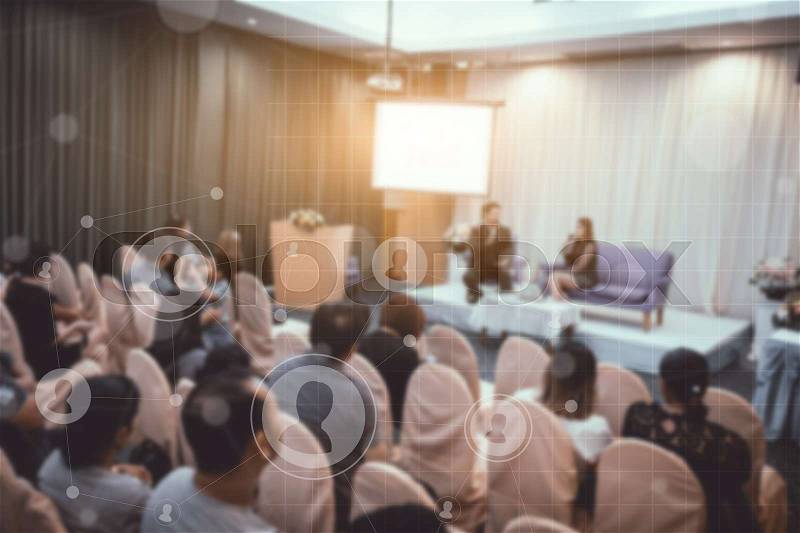 Business concept : asia people listen in business seminar presentation hall of hotel room with social network connection icon symbol and blur filter,selective focus. , stock photo