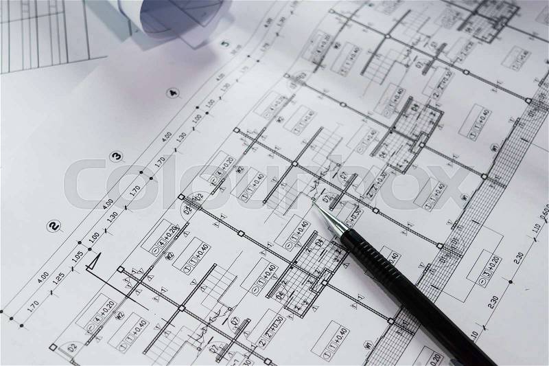 Engineering diagram blueprint paper drafting project sketch architectural,selective focus. , stock photo