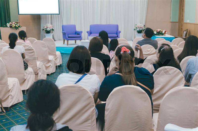 Business concept : asia people listen in business seminar presentation hall of hotel room with social network connection icon symbol ,selective focus. , stock photo