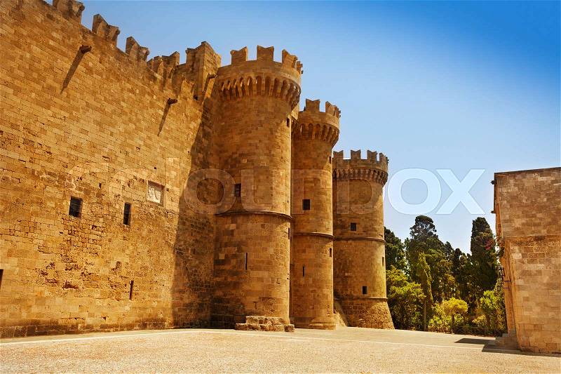 Old turrets of the Grand Master Palace, Rhodes Island, Greece, stock photo