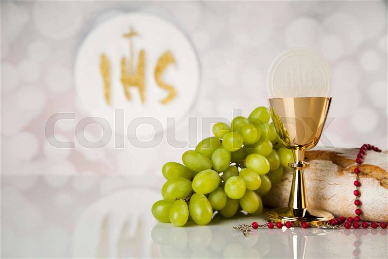 Holy communion for christianity religion, elements on white background, stock photo