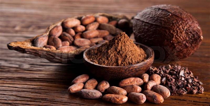 Aromatic cocoa, powder and food dessert background, stock photo