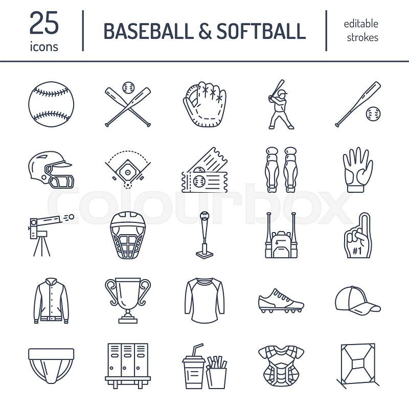 Baseball, softball sport game vector line icons. Ball, bat, field, helmet, pitching machine, catcher mask. Linear signs set, championship pictograms with editable stroke for event, equipment store, vector