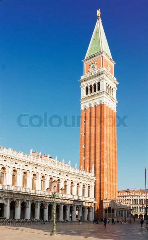 Famous San Marco bell tower at sunny day, Venice, Italy, stock photo