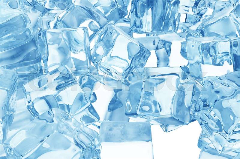 Heap of ice cubes. background of blue ice cubes, 3d rendering, stock photo