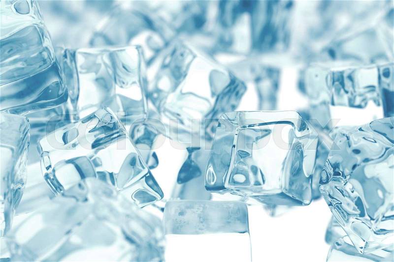 Heap of ice cubes. background of ice cubes with depth of field. 3d rendering, stock photo