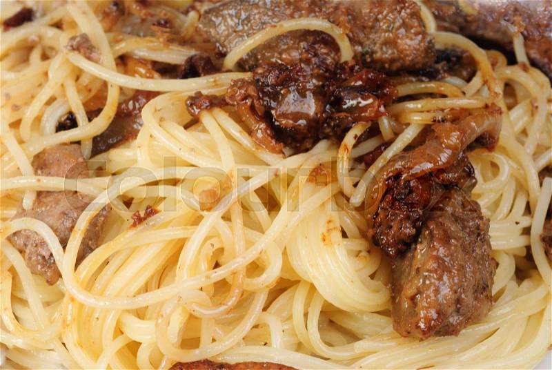 Liver or meat and spagetti -fine food background, stock photo
