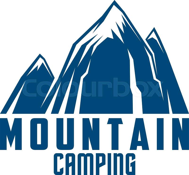 Mountain camping and outdoor adventure symbol. Mountain range or snowy mountain peaks silhouette for recreation activity, extreme sport or climbing themes design, vector
