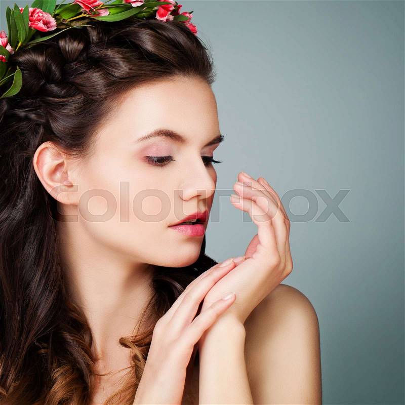 Spa Beauty and Cosmetology. Pretty Spa Model Woman on Blue Background, stock photo