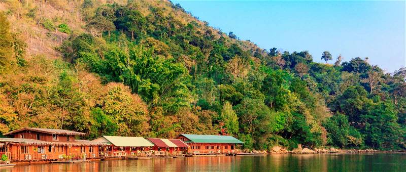 House on the river. River Kwai in Thailand, stock photo
