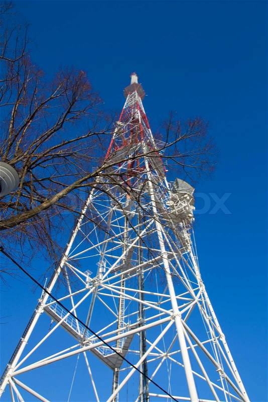 TV mast with microwave link and TV transmitter antennas over a blue sky and a tree, stock photo