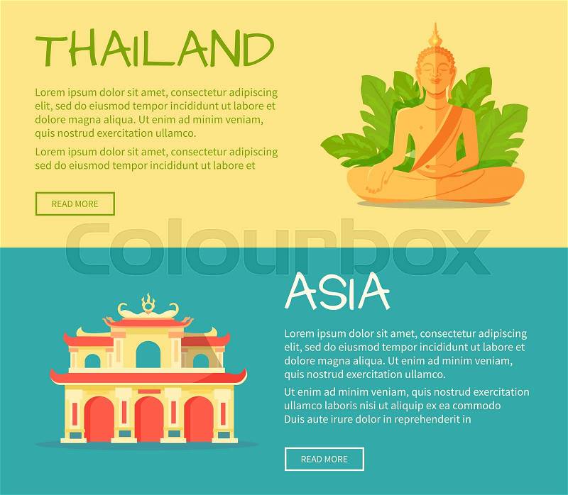 Set of Asia and Thailand web banners. Monument of Buddha and building of ancient thai temple flat vector illustrations. Horizontal concepts with Asia related symbols for travel company landing page, vector
