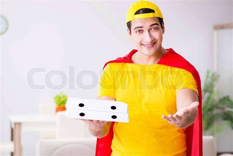 Superhero pizza delivery guy with red cover, stock photo