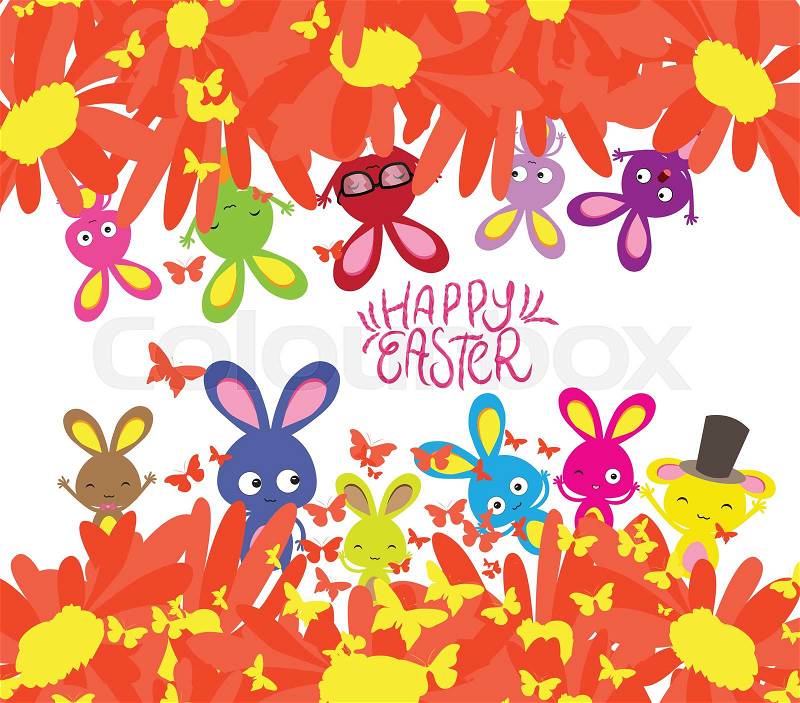 Happy easter with rabbit, sunflowers and butterflies background, vector