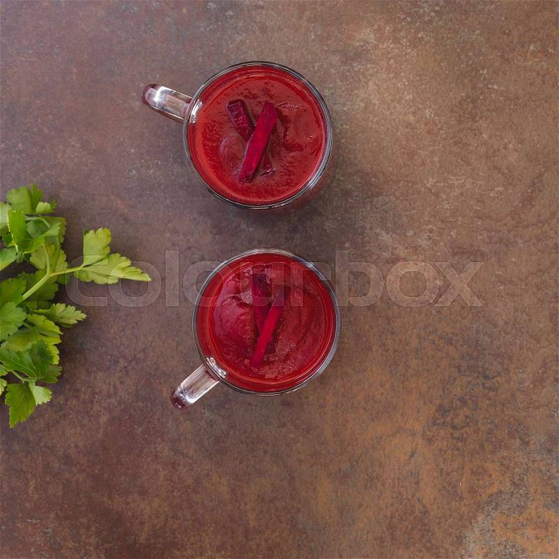 Healthy Red Beet Smoothie. Top view, blank space, rustic surface, stock photo