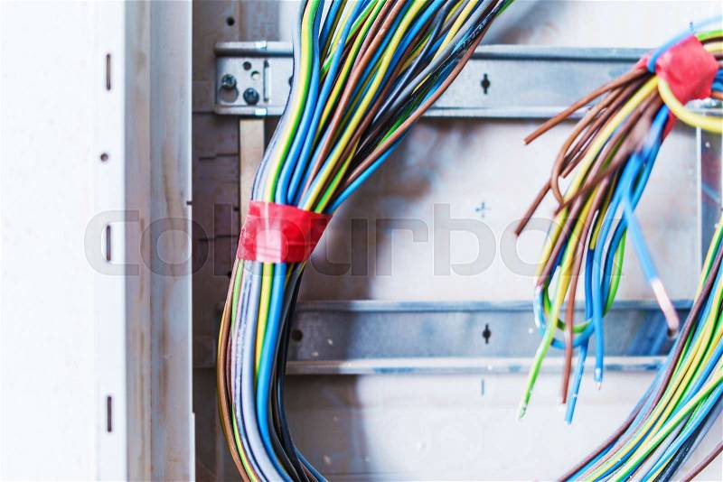 Unfinished Electric Box with Cables. Electric Works Concept Photo, stock photo
