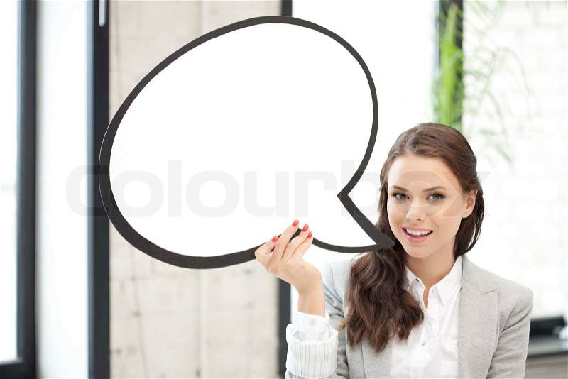 Bright picture of smiling businesswoman with blank text bubble, stock photo