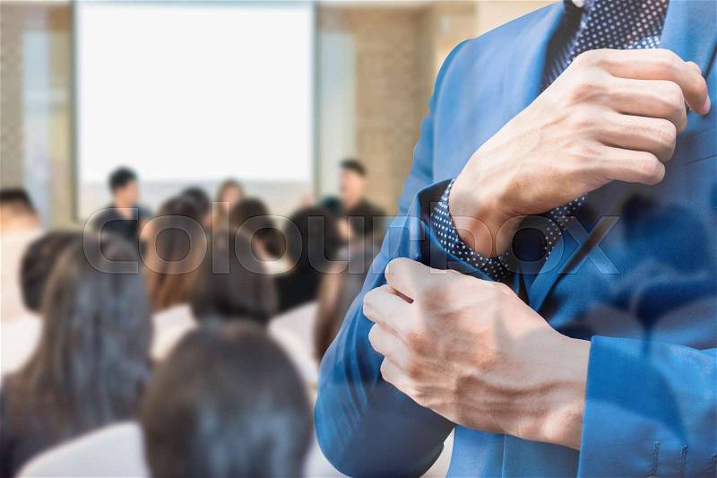 Business concept : asia people listen in business seminar presentation hall of hotel room with social network connection icon symbol ,double exposure. , stock photo