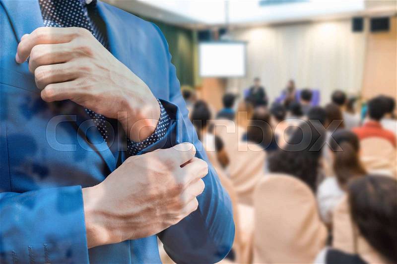 Business concept : asia people listen in business seminar presentation hall of hotel room with social network connection icon symbol ,double exposure. , stock photo