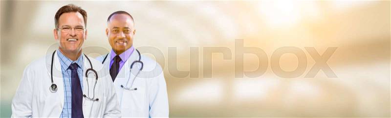 Caucasian and African American Male Doctor, Nurse or Pharmacist Banner with Room For Text, stock photo