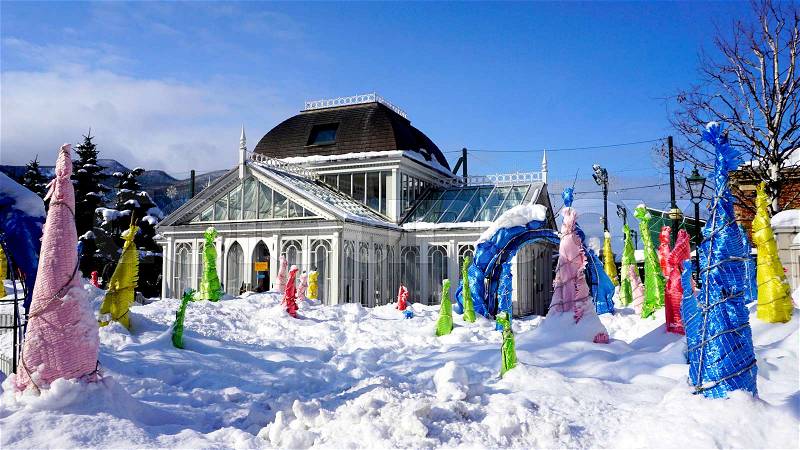 Glass house architecture snow winter festival in Hokkaido, Japan, stock photo