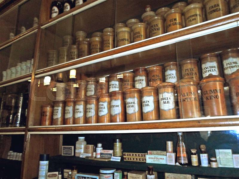 Vintage bottles of medicines in the pharmacy-museum, Lviv, Ukraine, stock photo