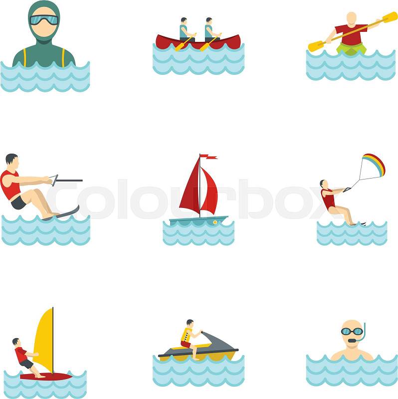 Water sports icons set. Flat illustration of 9 water sports vector icons for web, vector