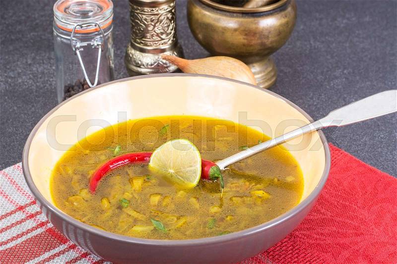 Spicy onion Indian soup with curry. Studio Photo , stock photo