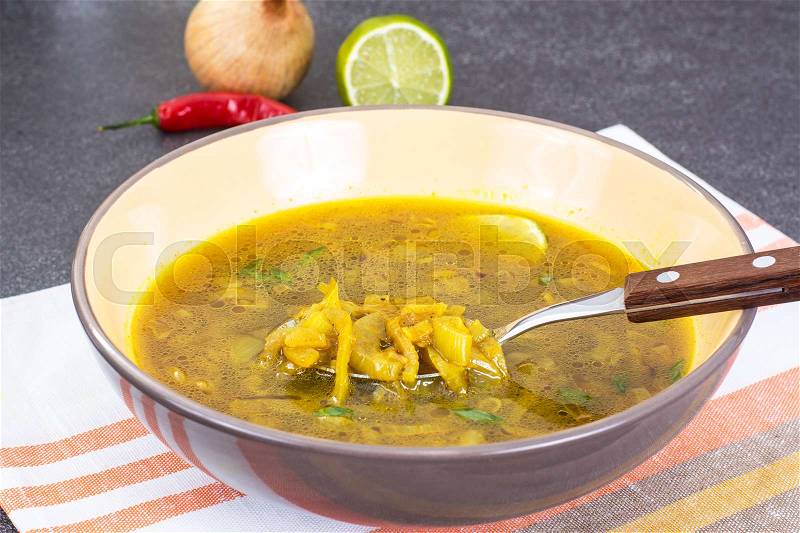 Spicy onion Indian soup with curry. Studio Photo , stock photo