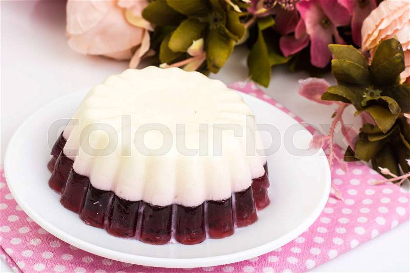 Delicious low-calorie dessert-Cherry Milk Jelly. Studio Photo, stock photo