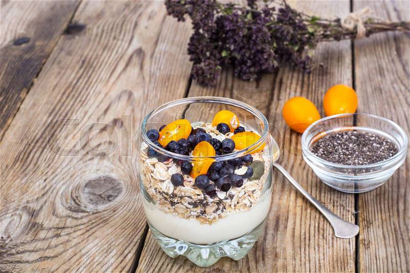 Dietary and fitness food-oat flakes with blueberries and milk. Studio Photo, stock photo