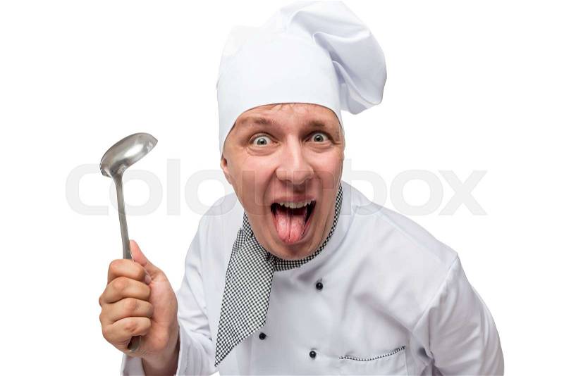 Funny crazy chef with a ladle shows tongue on a white background, stock photo