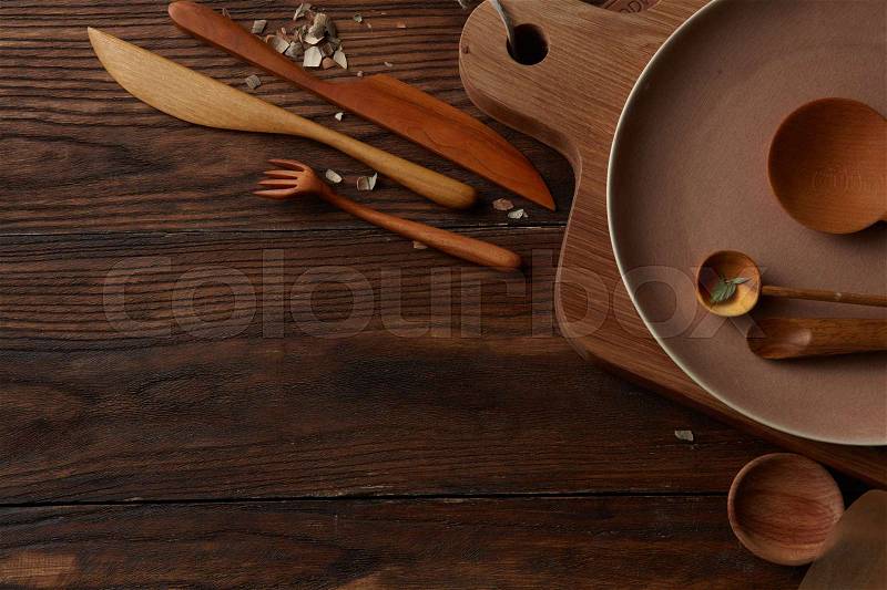 Composition of kitchen devices on wooden table, stock photo