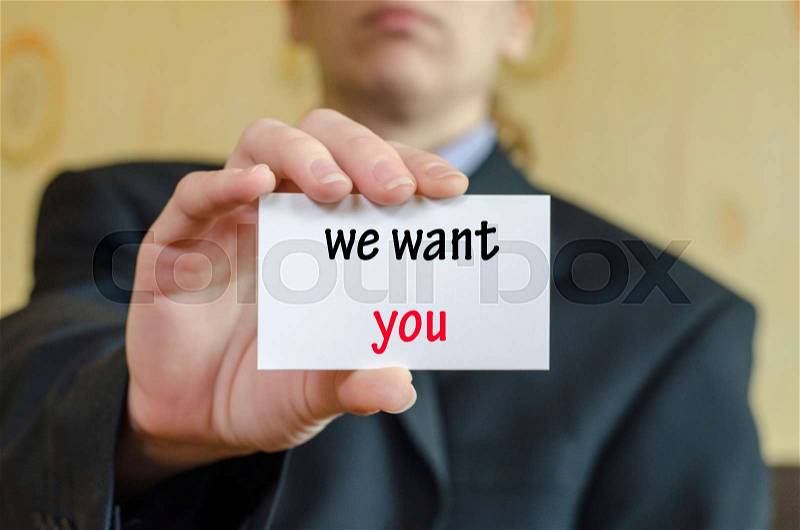 We want you text note concept over business woman background , stock photo