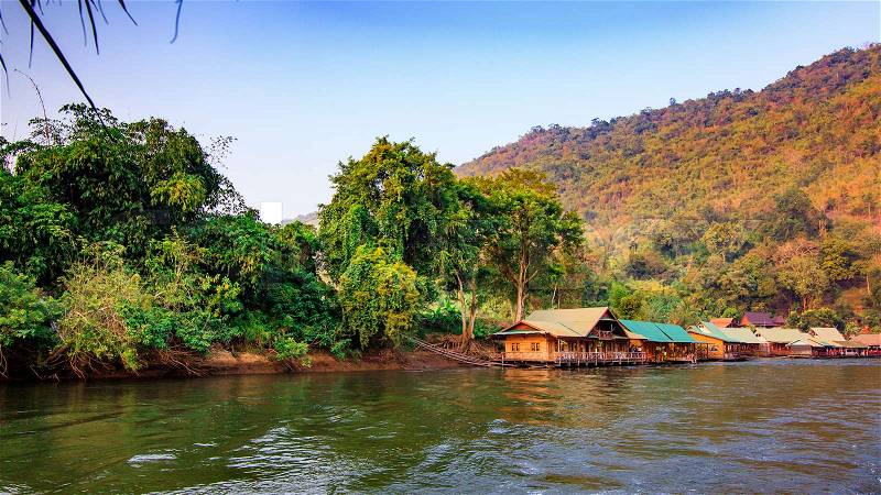 House on the river. River Kwai in Thailand, stock photo