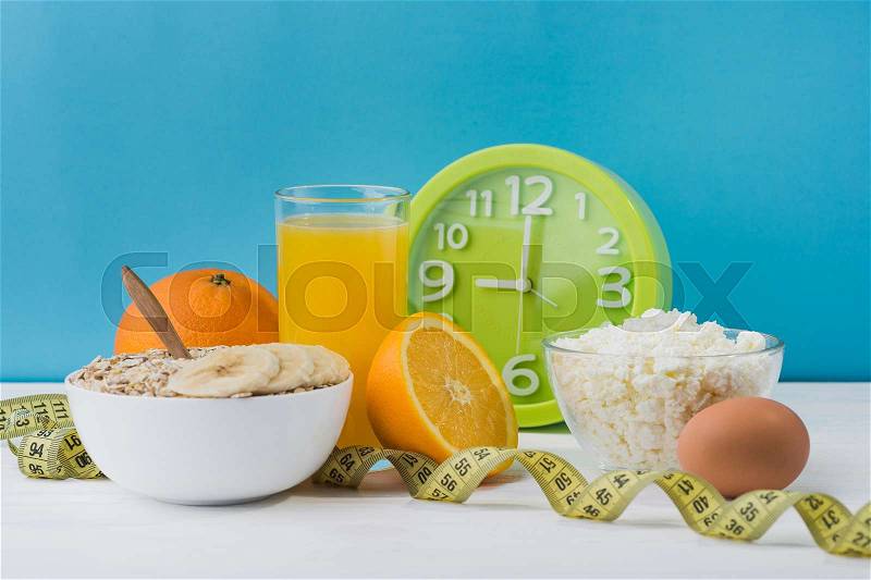 Healthy and proper food. sweet breakfast. diet concept. oatmeal and juice, stock photo