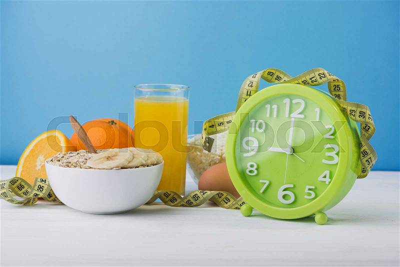 Healthy and proper food. sweet breakfast. diet concept. oatmeal and juice, stock photo