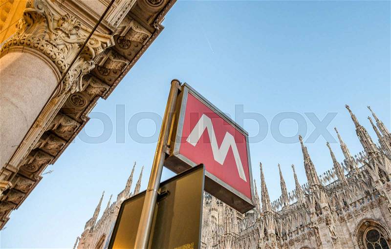 MILAN - SEPTEMBER 25, 2015: Subway sign outside of a station. Subway is the fastest way to move across the city, stock photo