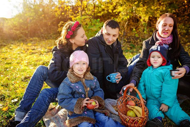 Happy young family of four having picnic at meadow at summer day, stock photo