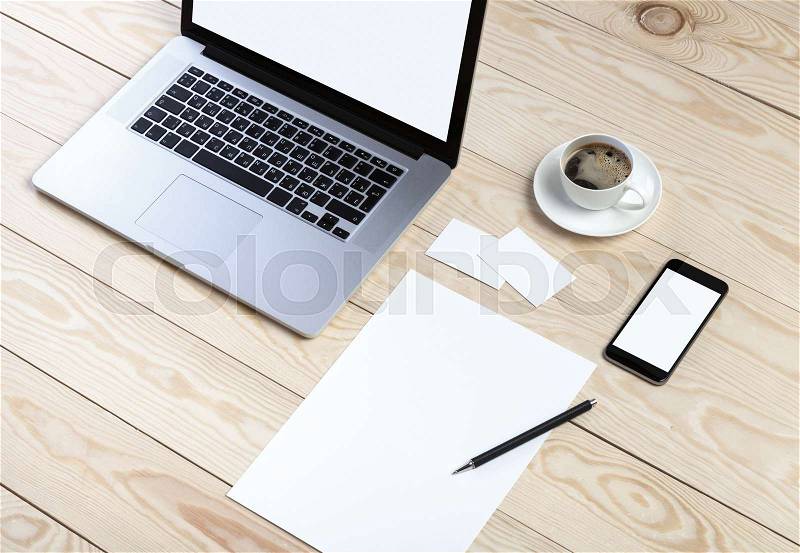 Photo. Template for branding identity. Mock up for graphic designers presentations and portfolios. Branding identity template, letterhead and business card mock-up with notebook, stock photo