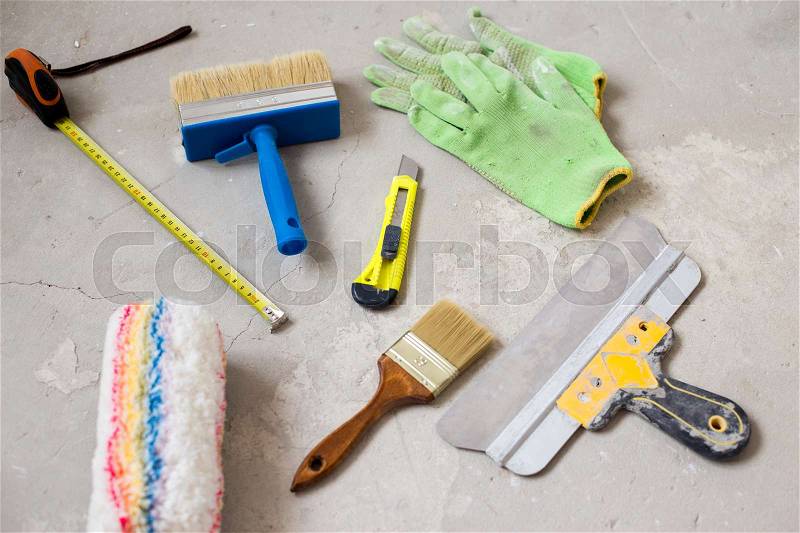 Tools for repairing top view on concrete background, stock photo