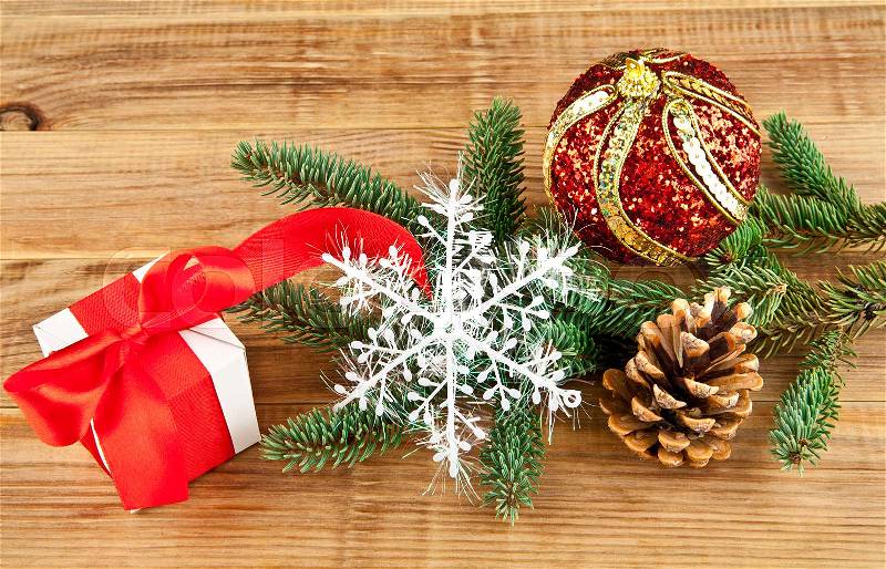 Christmas background - christmas decor on the wooden background, stock photo